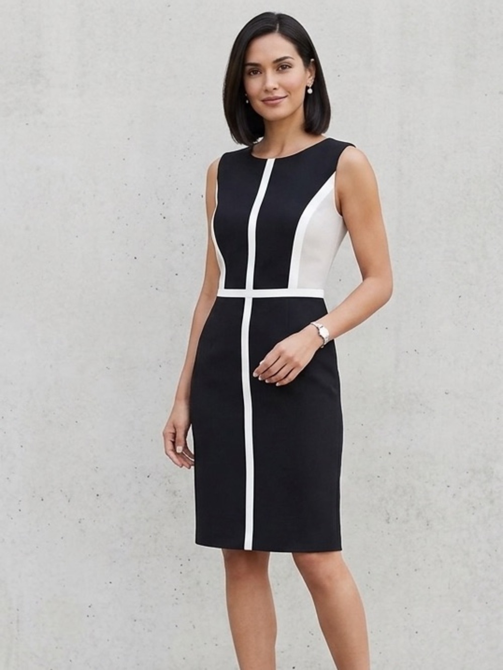 Calvin Klein Colorblock Sheath Dress Black Beige White Accent Trim